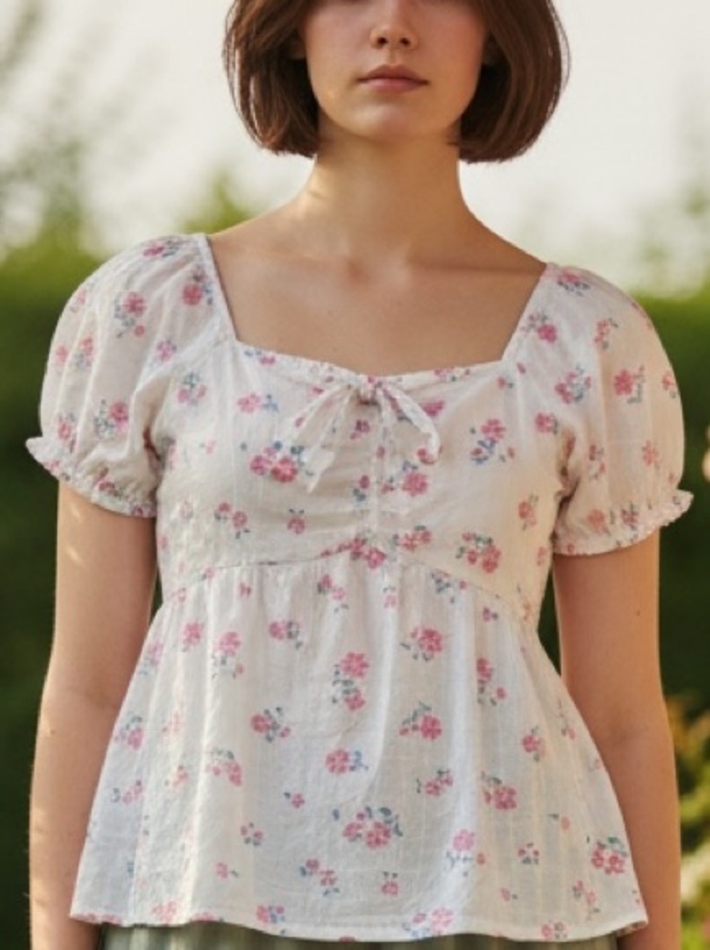 Cottagecore White Floral Bow-Front Square Neck Top Size XS